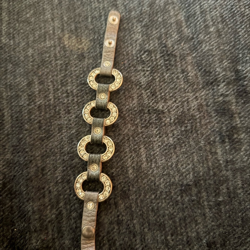 Rhinestone Link Leather Bracelet - Gray & Silver